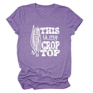 Detail of purple cotton blend T-shirt with THIS IS MY CROP TOP print and corn graphic