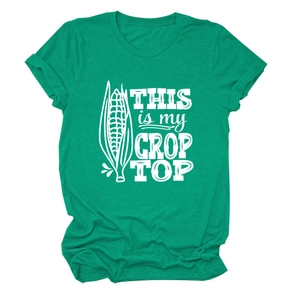 Detail of emerald green cotton T-shirt featuring This Is My Crop Top corn graphic print