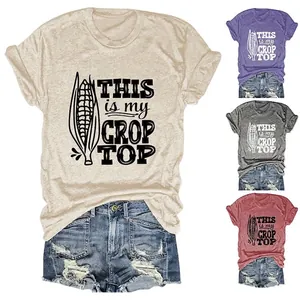 Women Casual Cotton Blend T-Shirt Humorous Corn Graphic Letter Print Round Neck Short Sleeve Loose Fit Breathable Tee