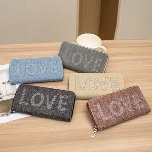 Women Denim Texture Long Wallet With Rhinestone LOVE Letters Zipper Handbag Wristlet Fashion Casual Phone Purse For Women