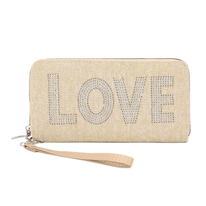 Beige textured fabric long wallet for women featuring rhinestone LOVE lettering and wrist strap