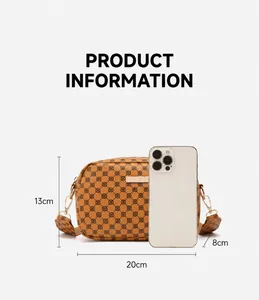 Detail view of brown monogram crossbody bag showing dimensions 20cm x 13cm x 8cm