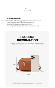 Detailed view of brown crossbody bag with silver front zipper and size comparison
