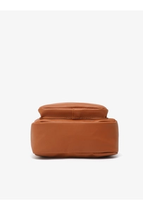 Detail of rectangular bottom structure and neat stitching on brown leather shoulder bag