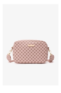 Close-up of pink camera bag with brown floral patterns and polished gold metal plate