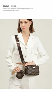 Detail of coffee brown crossbody camera bag with matching round coin purse and nylon strap