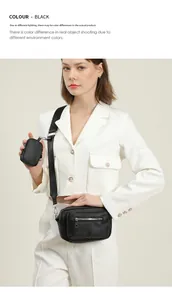Detail of black crossbody camera bag with wide canvas strap and matching coin purse pouch