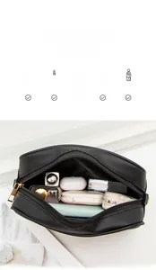Macro shot of large capacity black cosmetic bag showing interior storage for essentials