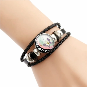 Multilayer leather braided bracelet with butterfly glass dome charm and metallic beads