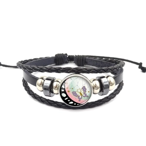 Multi Layer Braided Bracelet Faux Leather Glass Butterfly Pattern Hand Woven Retro Casual Fashion Jewelry Wristband