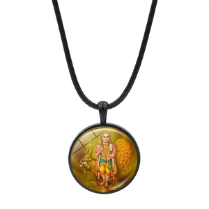 Collana con ciondolo cabochon in vetro divinità indù e cordoncino nero motivo pavone