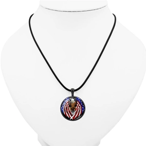 Detail of American eagle and flag pendant necklace on a black cord and neck display