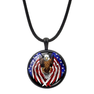 Patriotic American flag and bald eagle round pendant necklace with black cord strap
