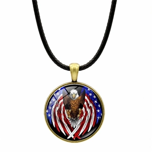 Vintage US flag and eagle pendant necklace with glass dome and black leather cord