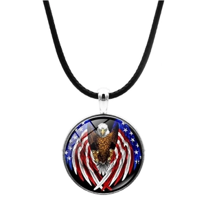 Patriotic Eagle American Flag Pendant Necklace Zinc Alloy Glass Cabochon Leather Rope Retro Fashion Unisex Accessory