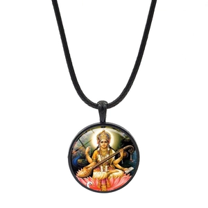 Collana con Ciondolo a Cabochon in Vetro Rotondo con Motivo di Dio e Dea Indù e Corda Intrecciata Nera Gioielli Etnici