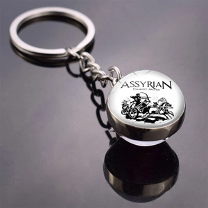 Roman Empire style silver keychain with Assyrian chariot archer glass ball pendant