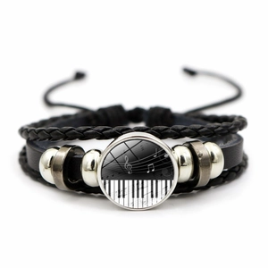 Bracelet En Cuir Tressé Multicouche Thème Musique Touches De Piano Cabochon En Verre Note Musique Bijoux En Alliage