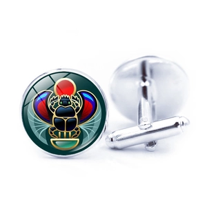 Silver Egyptian scarab cufflinks with colorful ancient totem glass inlay for men