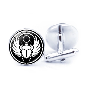 Classic silver Egyptian Scarab cufflinks for men with black and white winged totem