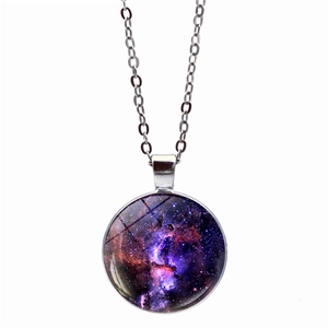 Cosmic galaxy necklace with purple nebula glass pendant on silver chain for women
