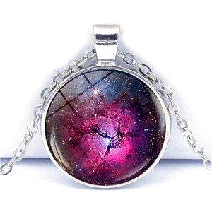 Cosmos galaxy necklace with purple nebula glass dome pendant and silver alloy chain