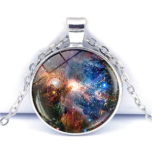 Macro shot of silver galaxy pendant necklace with nebula pattern under glass dome