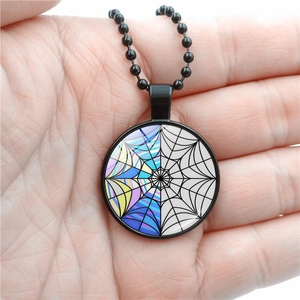 Wednesday Addams necklace with colorful spider web glass pendant and black bead chain