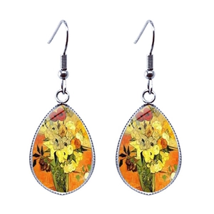 Détails de boucles d'oreilles goutte avec l'art Tournesols de Van Gogh et cadre argenté