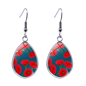 Elegant silver teardrop earrings with red poppy flower glass inlay and fishhook ear wires