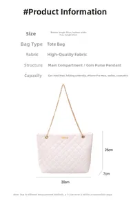 White quilted tote bag with gold chain showing exact 30x7x25cm dimensions and capacity