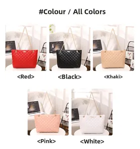 Collage of quilted tote bags with gold chains in red, black, khaki, pink, and white