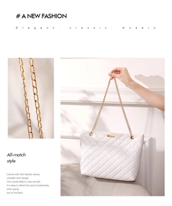 Close-up of white quilted faux leather bucket bag with gold chain and metal hardware