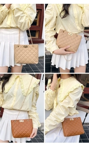 Quilted crossbody bag details showing beige and brown colors with golden metal chain