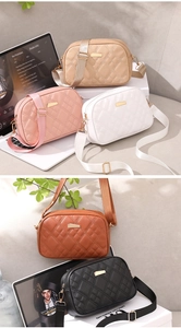 Detail of five quilted crossbody bags with gold accents and wide fabric straps