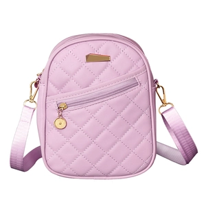 Lavender quilted mini crossbody bag with gold zippers and adjustable shoulder strap