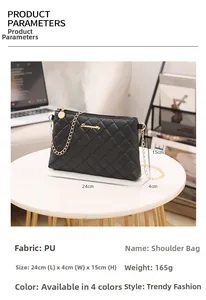 Sac en similicuir noir matelassé avec chaîne dorée et dimensions de taille détaillées