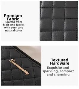 Gros plan sur le cuir matelassé noir et les finitions métalliques dorées de la pochette