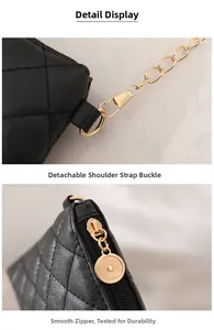 Détails du sac matelassé noir montrant la boucle dorée et la fermeture éclair ronde