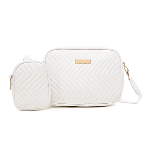 Chic white camera bag set with chevron quilting and gold hardware detailing