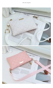 Detailed view of quilted lattice shoulder bags in white and pink with gold metal hardware