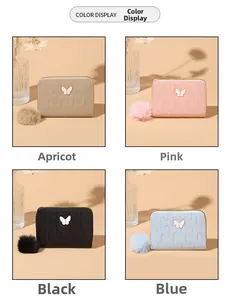 Quilted PU leather coin purses with butterfly charms in apricot pink black and blue
