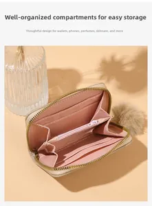 Internal view of beige wallet with 6 card slots and 1 center zipper compartment