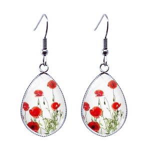 Minimalist silver teardrop earrings with red poppy flower glass pendant art