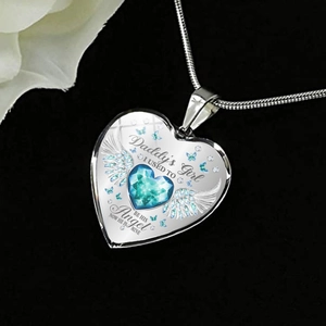 Collana commemorativa con ciondolo a cuore, cristallo blu e ali d'angelo per donna