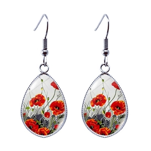 Red Poppy Flower Teardrop Glass Dangle Hook Earrings Vintage Artistic Jewelry Accessories For Women