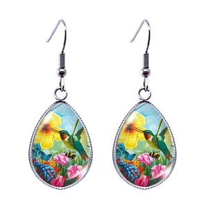 Boucles d'oreilles goutte en verre avec motif colibri et fleurs et crochets argentés