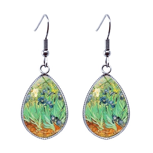 Boucles d'oreilles pendantes gouttes d'eau avec peinture Iris de Van Gogh et cadre argent
