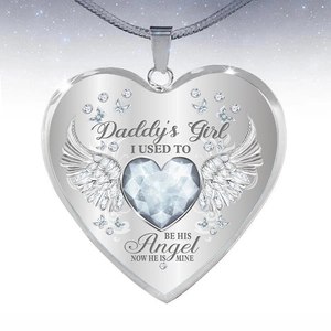 Collana a cuore d'argento con ali d'angelo e cristallo, incisa con tributo Daddy's Girl