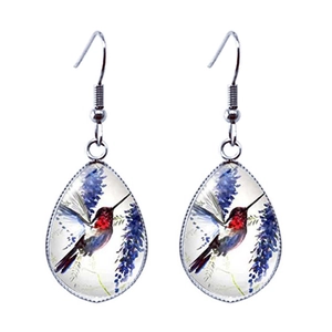 Boucles d'oreilles goutte en verre avec colibri aquarelle et art floral en argent